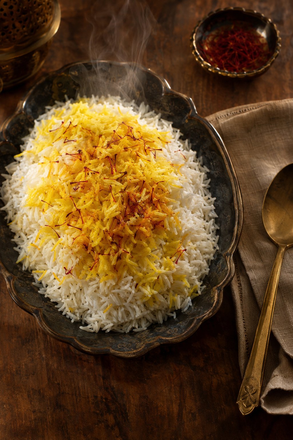 برنج عنبربوی آبکش پخته‌شده با زعفران در ظرف سفالی